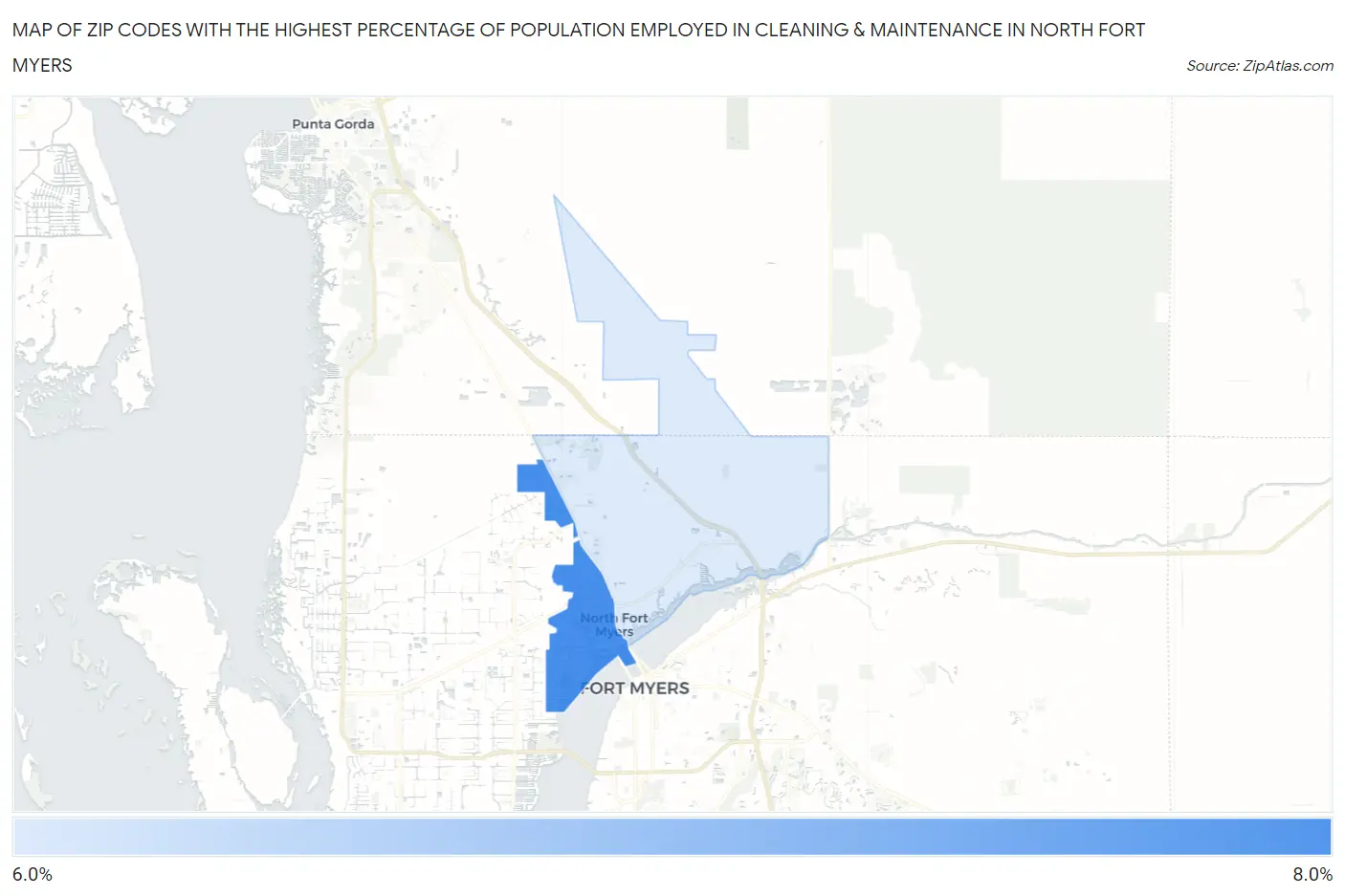 Zip Codes with the Highest Percentage of Population Employed in Cleaning & Maintenance in North Fort Myers Map