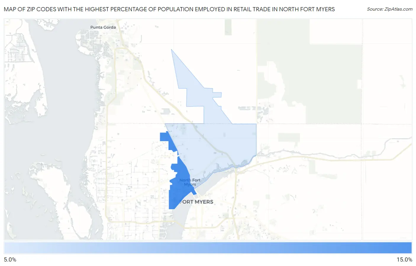 Zip Codes with the Highest Percentage of Population Employed in Retail Trade in North Fort Myers Map