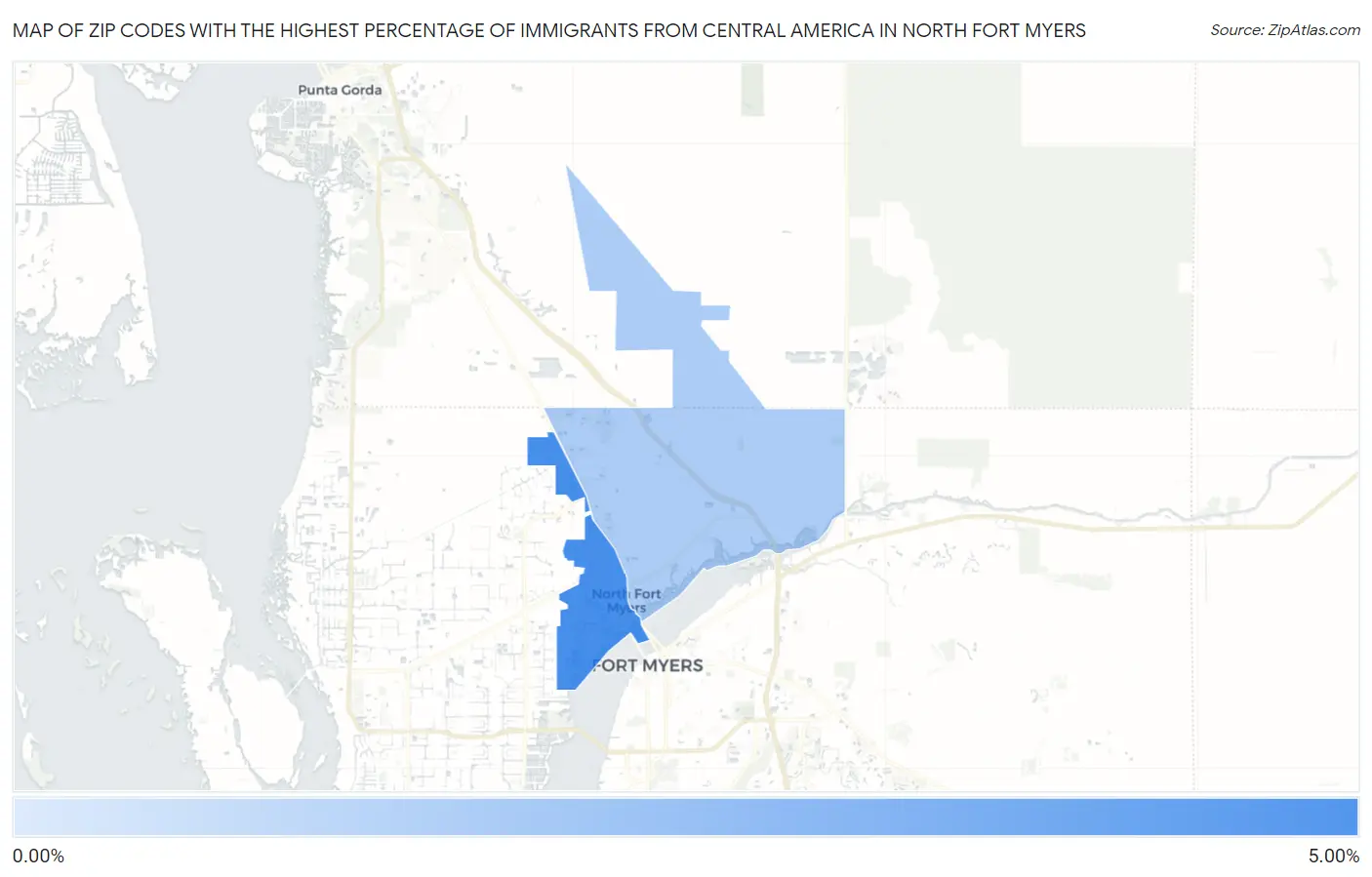 Zip Codes with the Highest Percentage of Immigrants from Central America in North Fort Myers Map