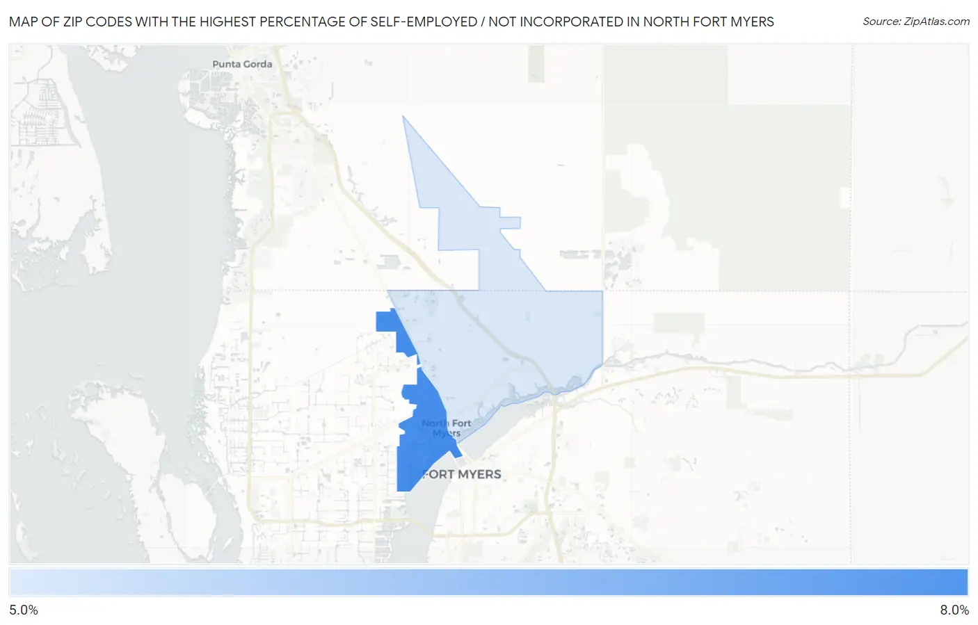Zip Codes with the Highest Percentage of Self-Employed / Not Incorporated in North Fort Myers Map