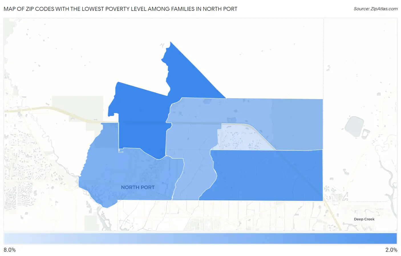 Zip Codes with the Lowest Poverty Level Among Families in North Port Map