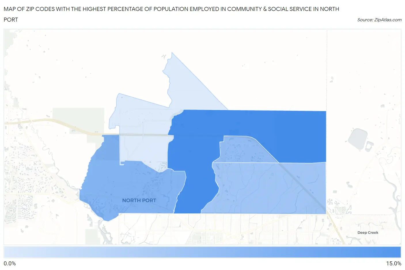 Zip Codes with the Highest Percentage of Population Employed in Community & Social Service  in North Port Map