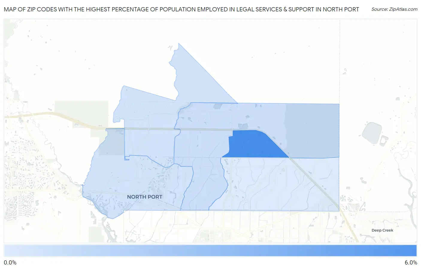 Zip Codes with the Highest Percentage of Population Employed in Legal Services & Support in North Port Map