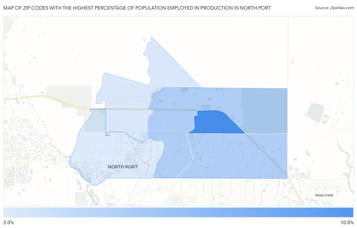 Zip Codes with the Highest Percentage of Population Employed in Production in North Port Map