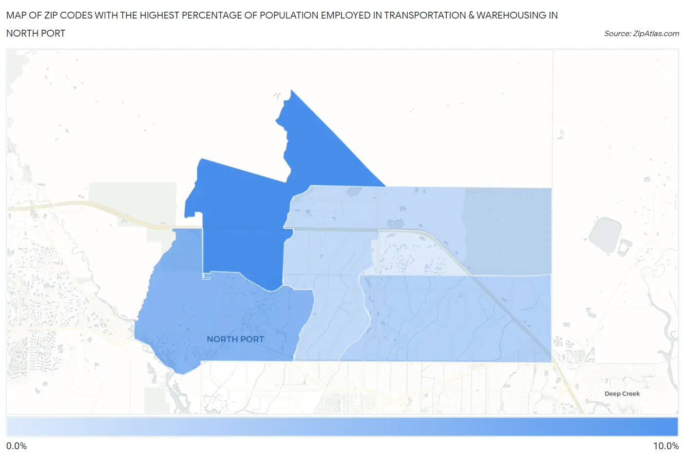 Zip Codes with the Highest Percentage of Population Employed in Transportation & Warehousing in North Port Map