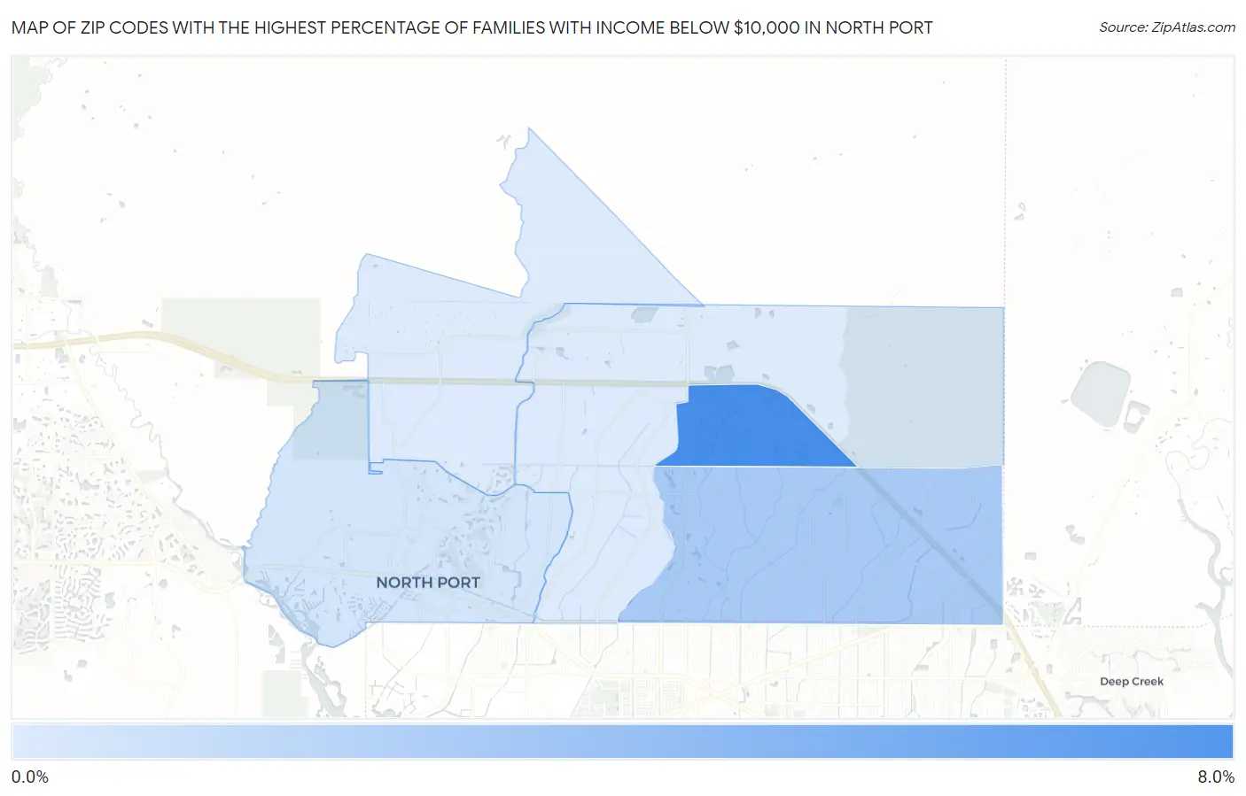 Zip Codes with the Highest Percentage of Families with Income Below $10,000 in North Port Map