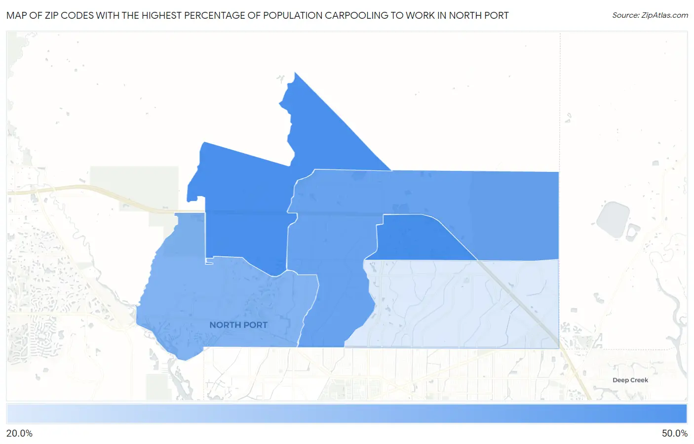 Zip Codes with the Highest Percentage of Population Carpooling to Work in North Port Map