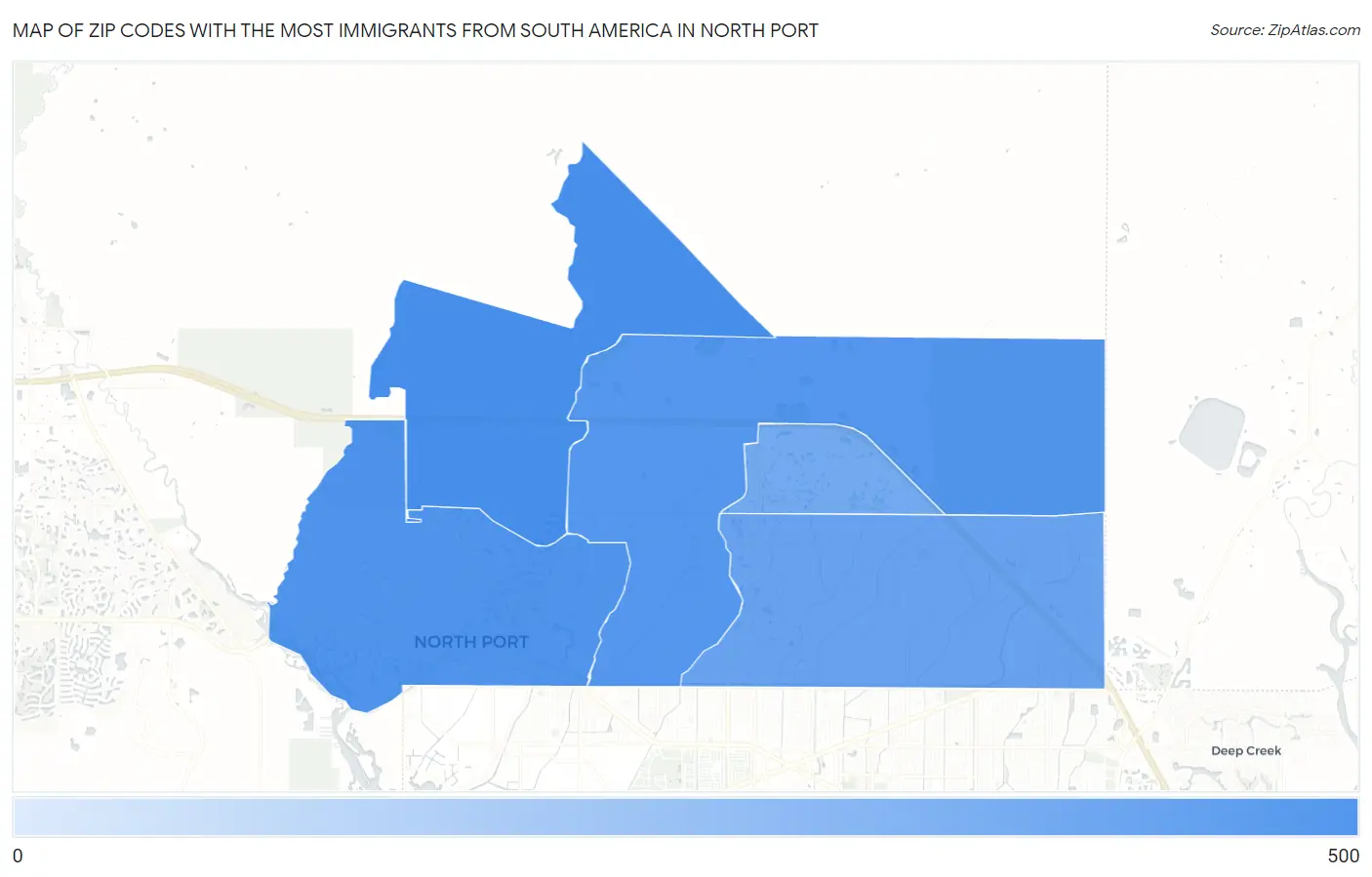 Zip Codes with the Most Immigrants from South America in North Port Map