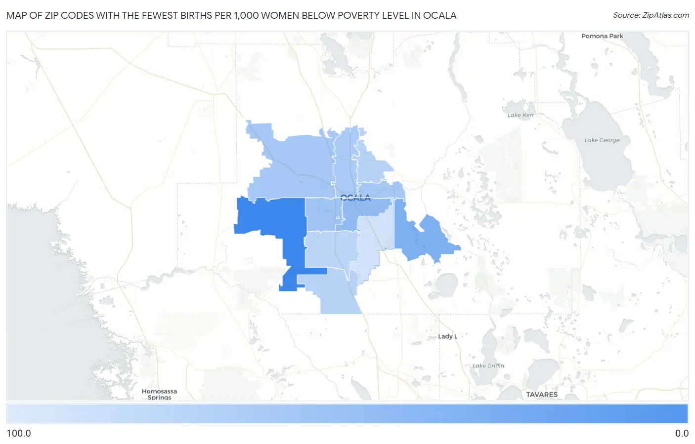 Zip Codes with the Fewest Births per 1,000 Women Below Poverty Level in Ocala Map
