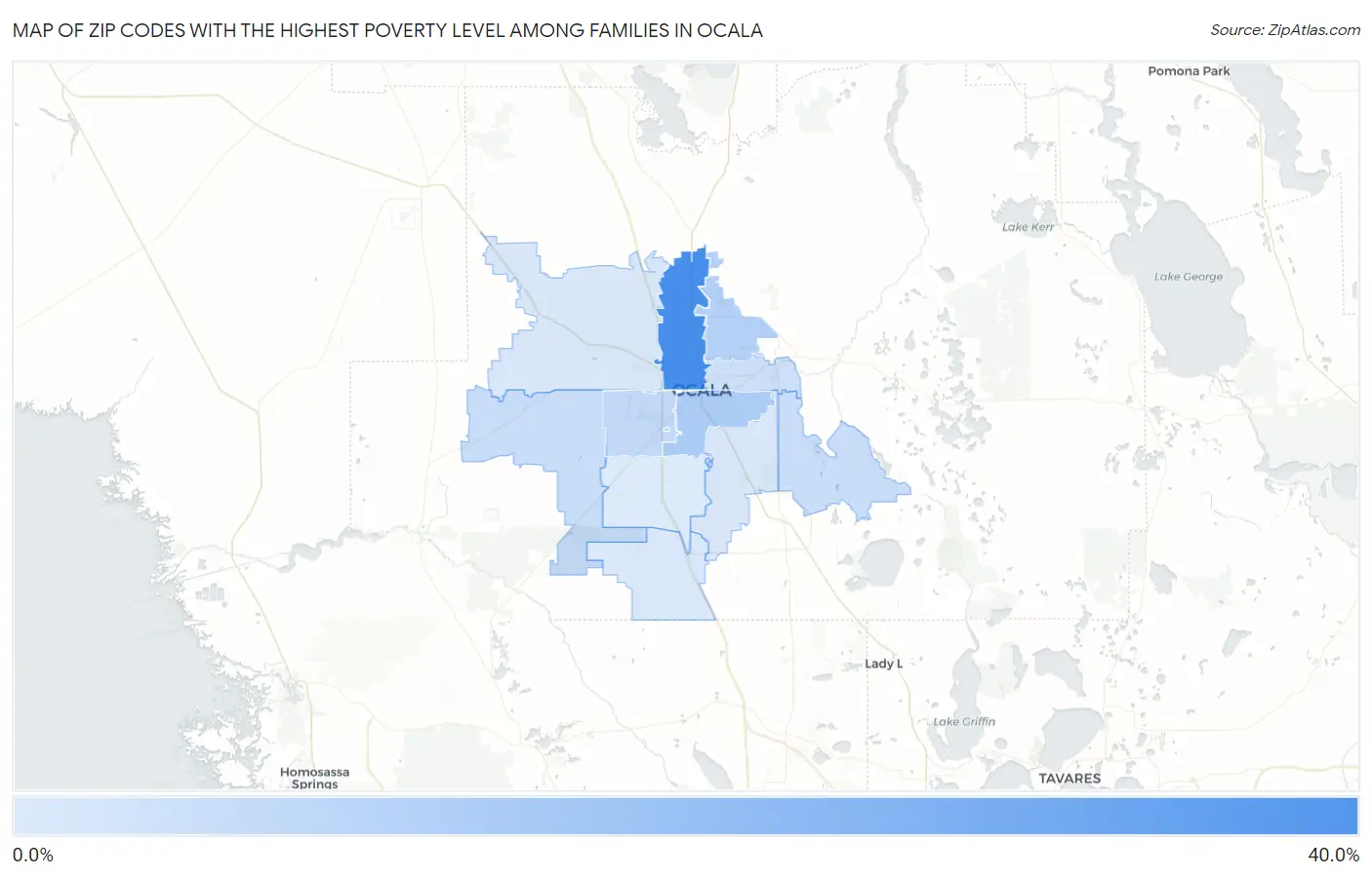 Zip Codes with the Highest Poverty Level Among Families in Ocala Map