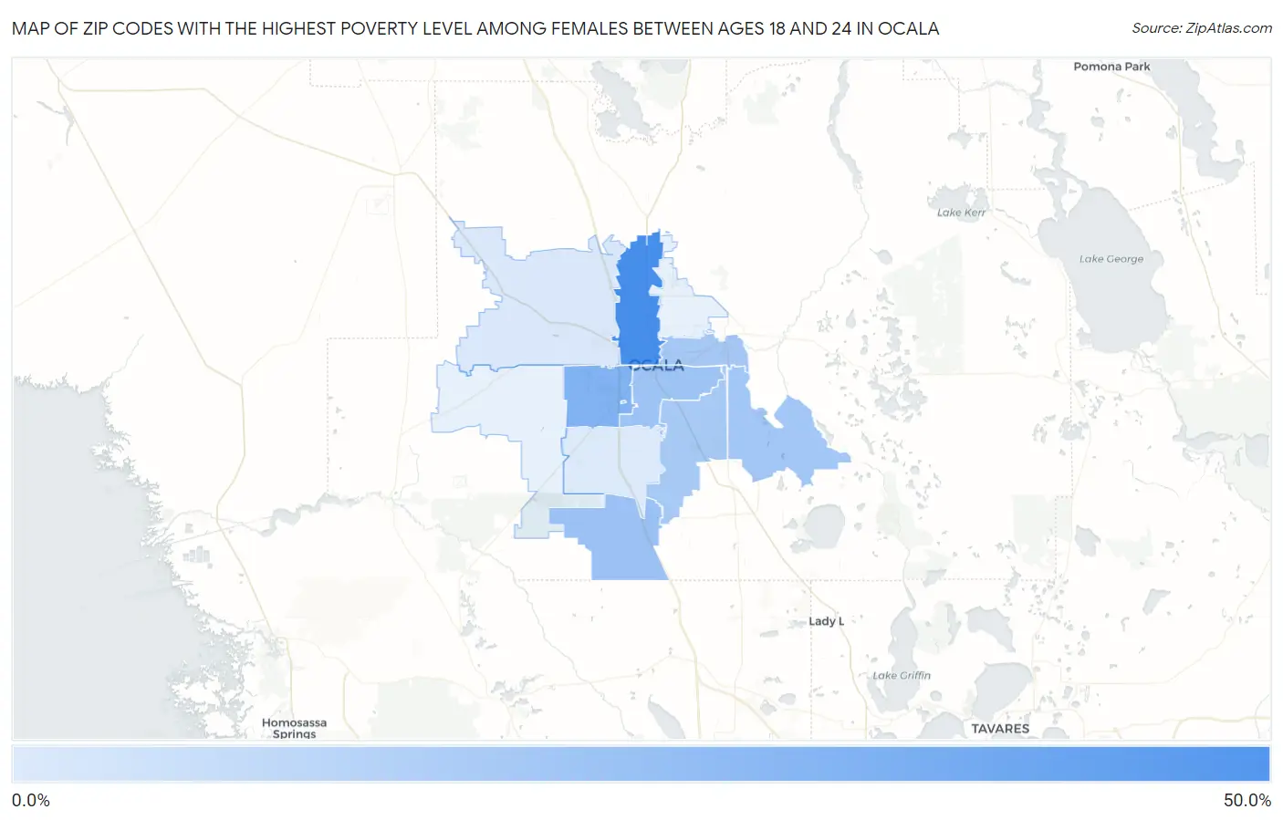 Zip Codes with the Highest Poverty Level Among Females Between Ages 18 and 24 in Ocala Map