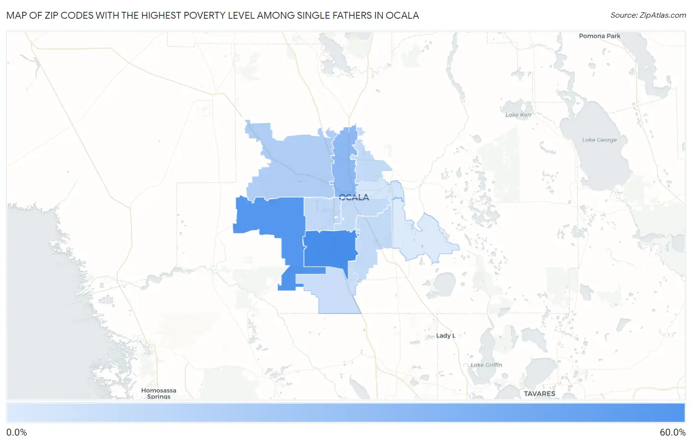 Zip Codes with the Highest Poverty Level Among Single Fathers in Ocala Map