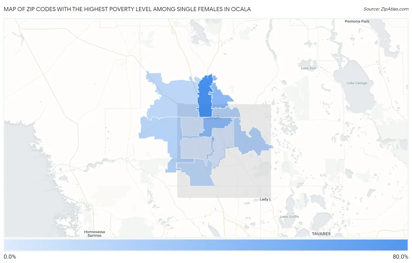 Zip Codes with the Highest Poverty Level Among Single Females in Ocala Map