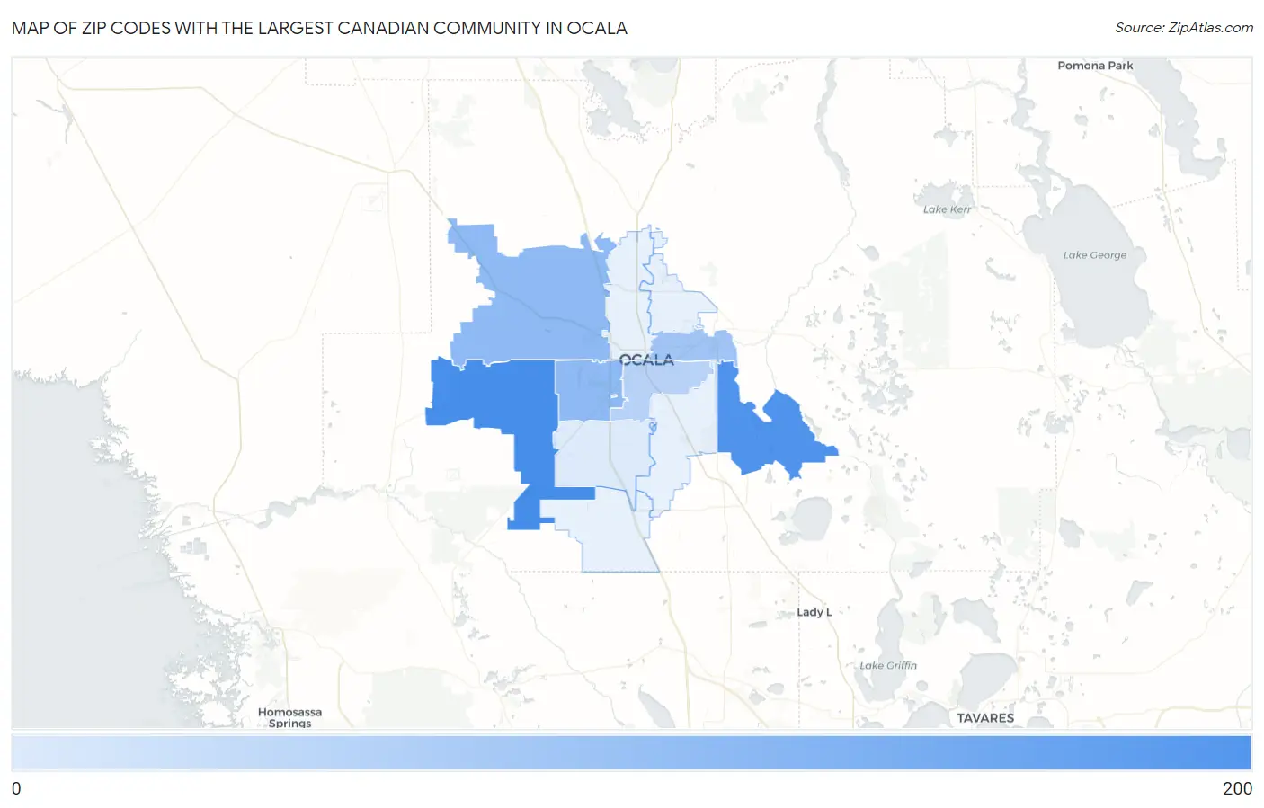 Zip Codes with the Largest Canadian Community in Ocala Map