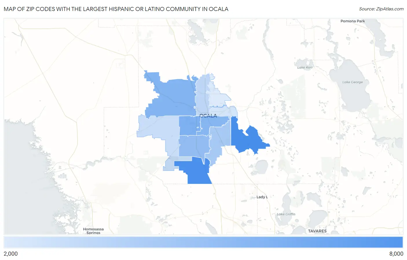Zip Codes with the Largest Hispanic or Latino Community in Ocala Map