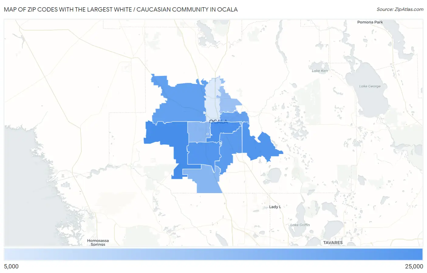 Zip Codes with the Largest White / Caucasian Community in Ocala Map