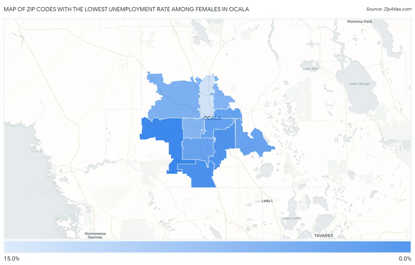 Zip Codes with the Lowest Unemployment Rate Among Females in Ocala Map