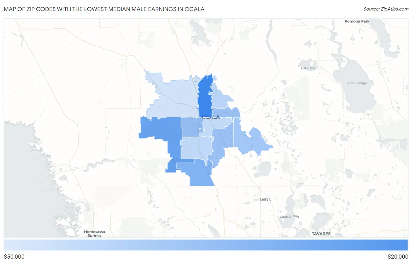 Zip Codes with the Lowest Median Male Earnings in Ocala Map