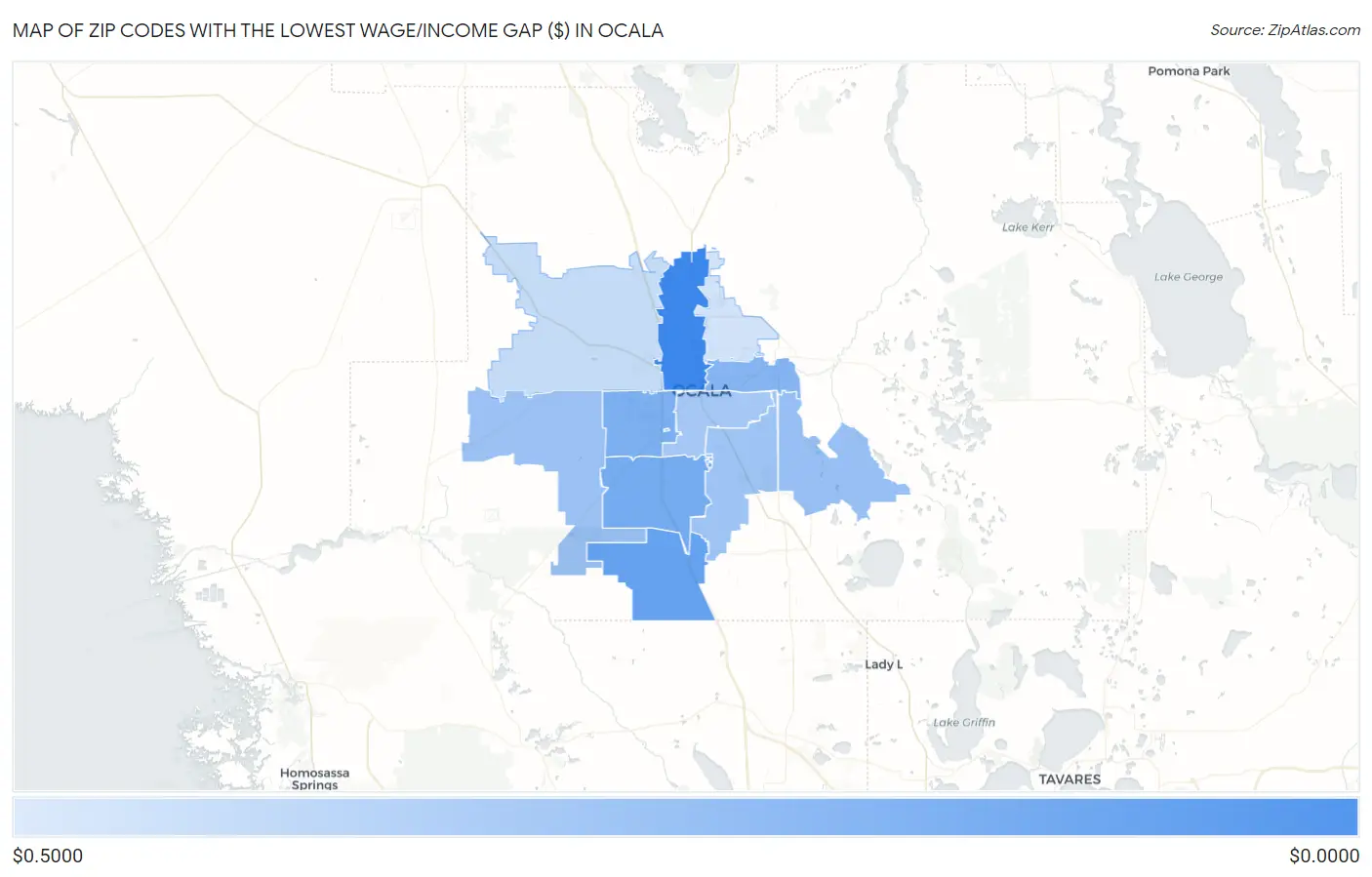Zip Codes with the Lowest Wage/Income Gap ($) in Ocala Map