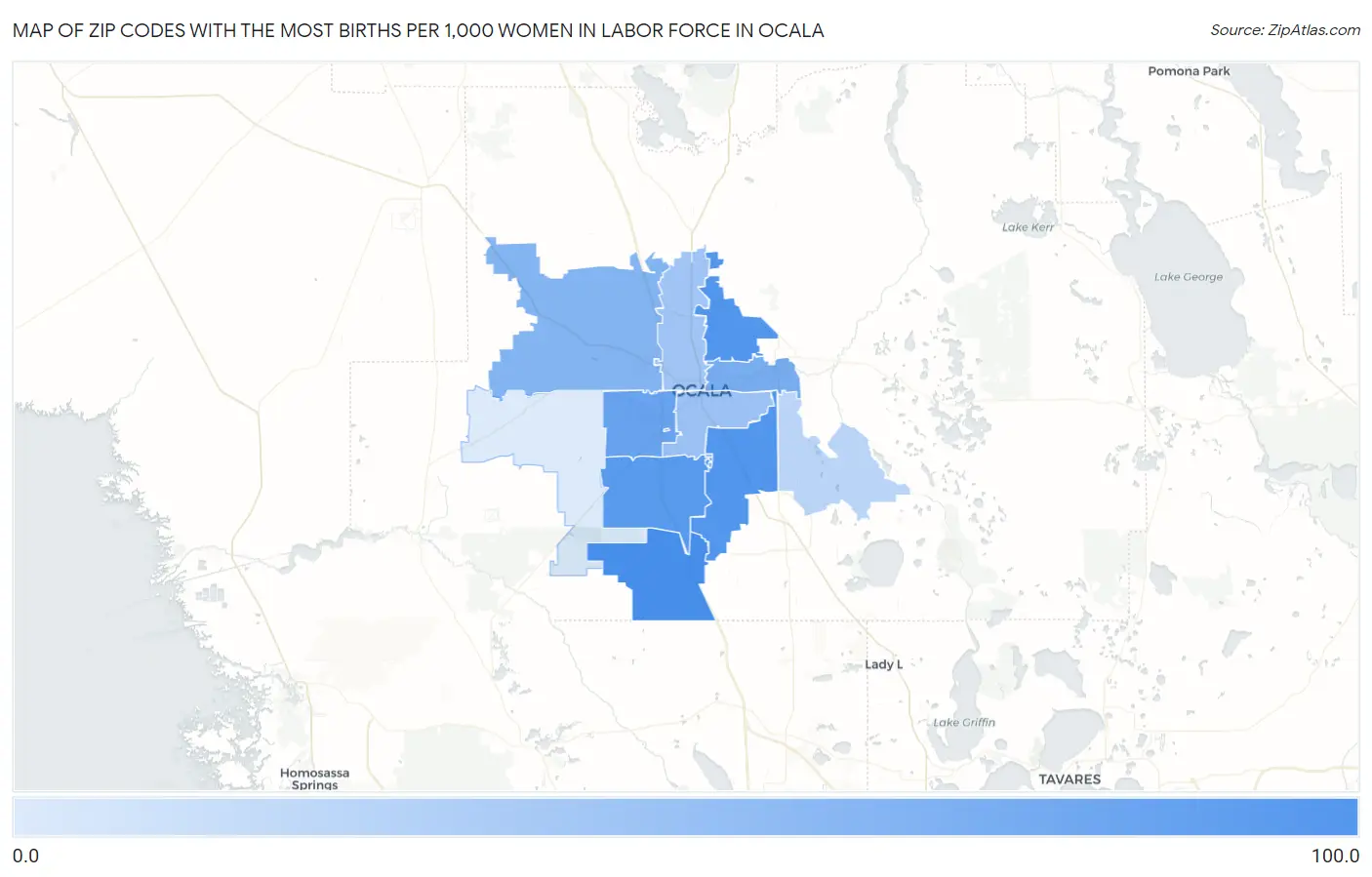 Zip Codes with the Most Births per 1,000 Women in Labor Force in Ocala Map