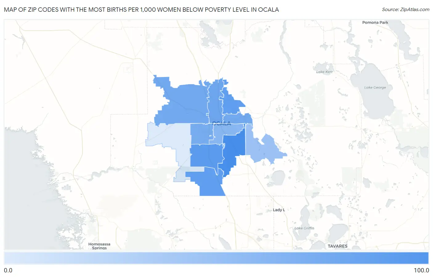 Zip Codes with the Most Births per 1,000 Women Below Poverty Level in Ocala Map
