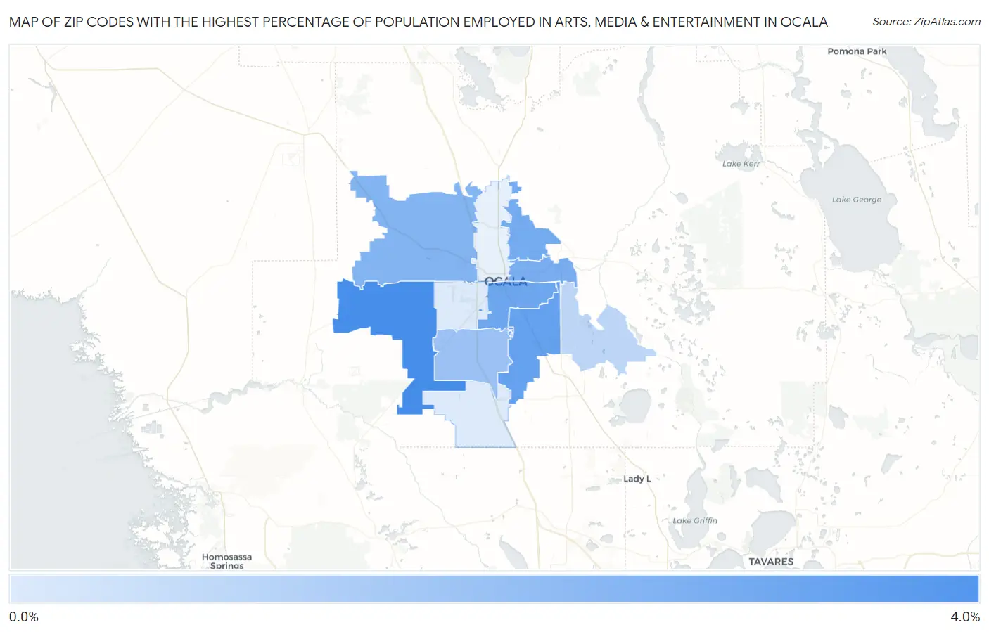 Zip Codes with the Highest Percentage of Population Employed in Arts, Media & Entertainment in Ocala Map