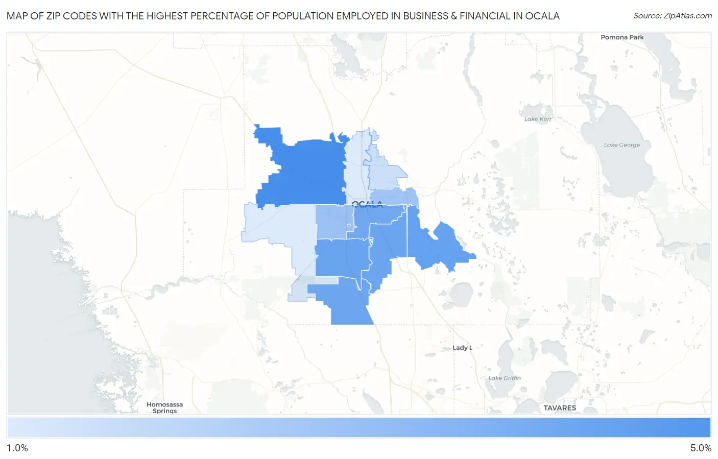 Zip Codes with the Highest Percentage of Population Employed in Business & Financial in Ocala Map