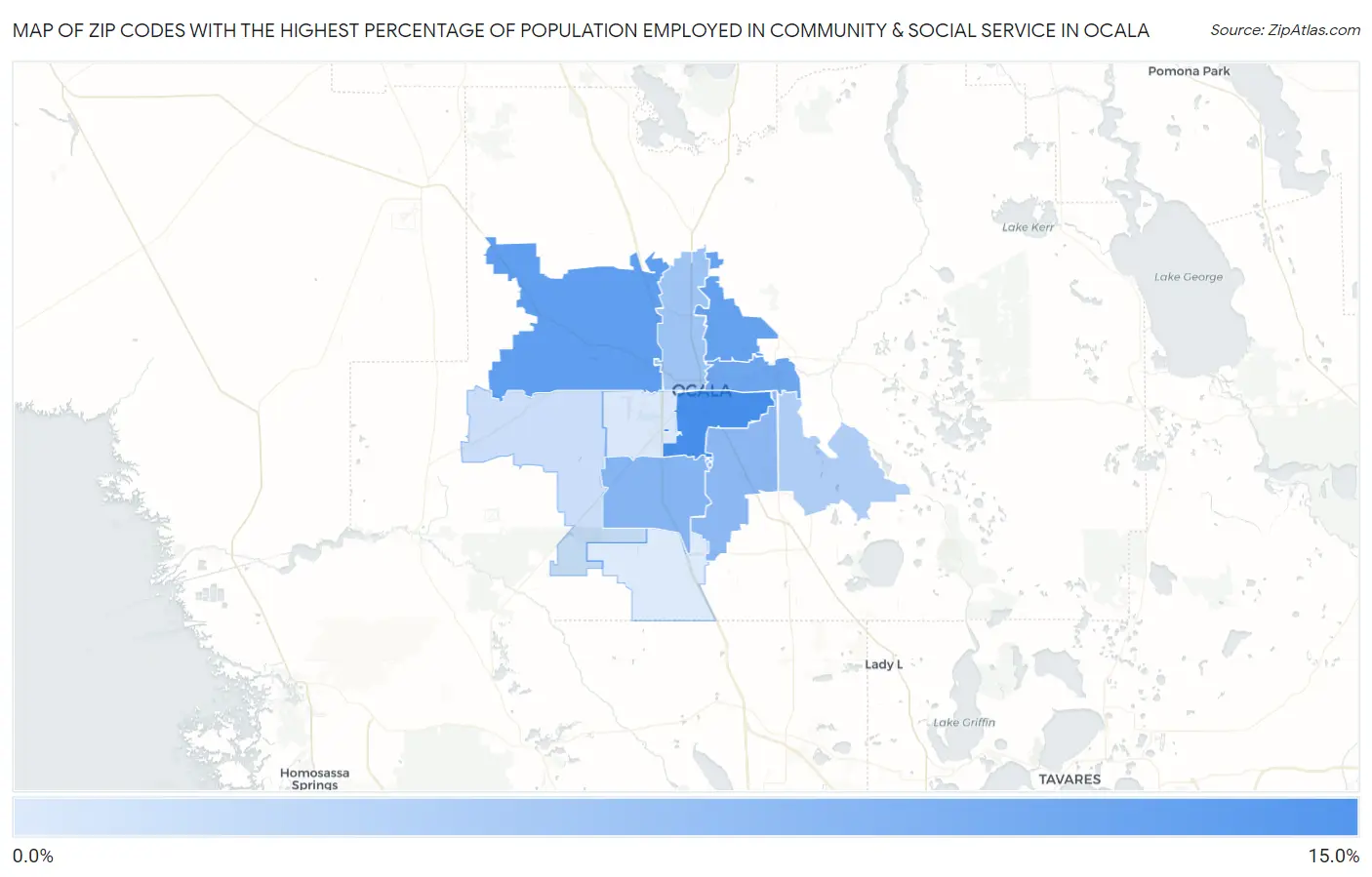 Zip Codes with the Highest Percentage of Population Employed in Community & Social Service  in Ocala Map
