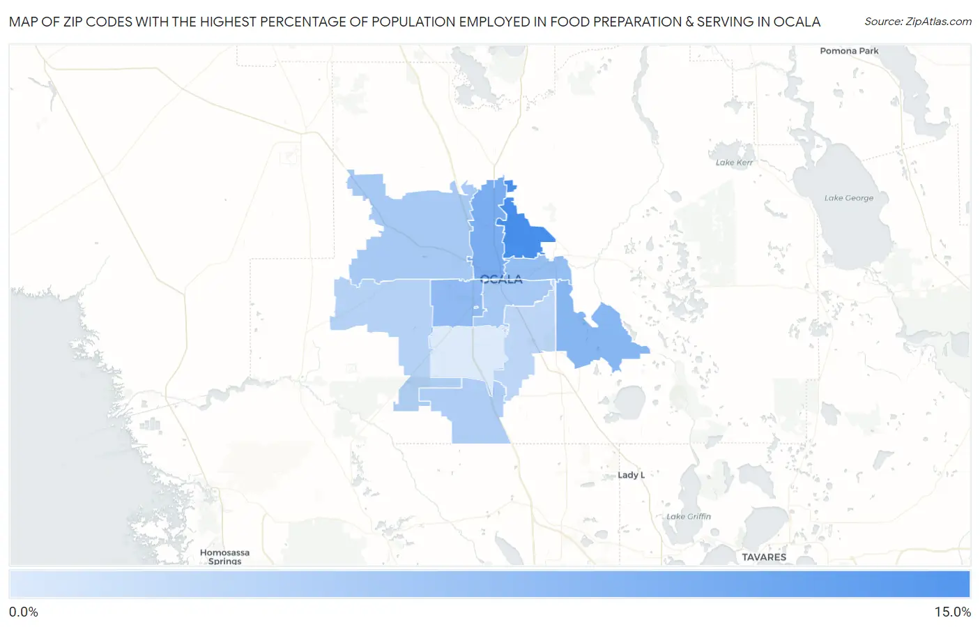 Zip Codes with the Highest Percentage of Population Employed in Food Preparation & Serving in Ocala Map