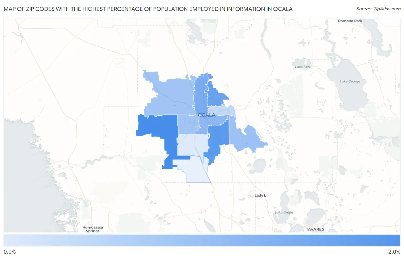 Zip Codes with the Highest Percentage of Population Employed in Information in Ocala Map
