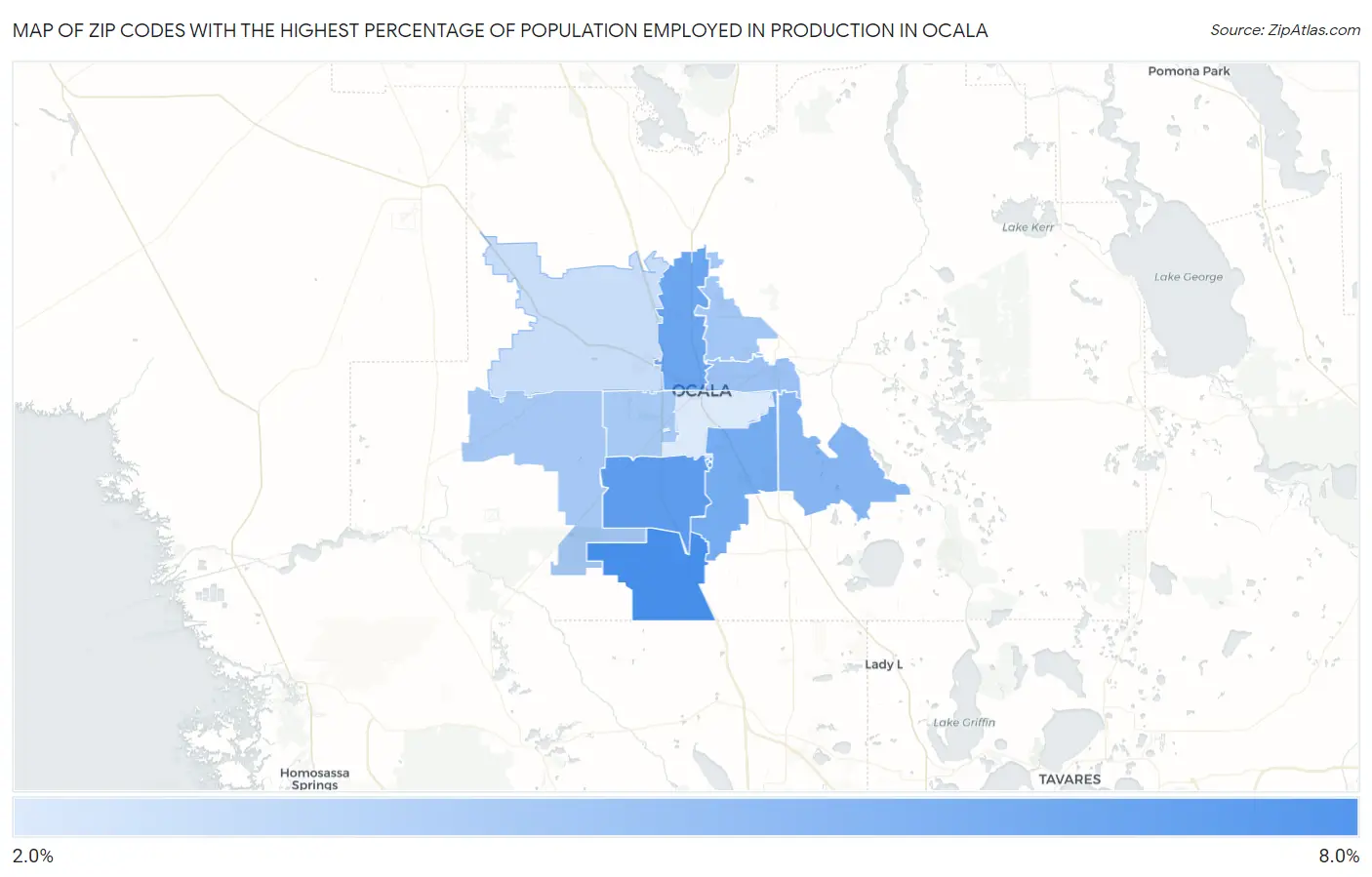 Zip Codes with the Highest Percentage of Population Employed in Production in Ocala Map