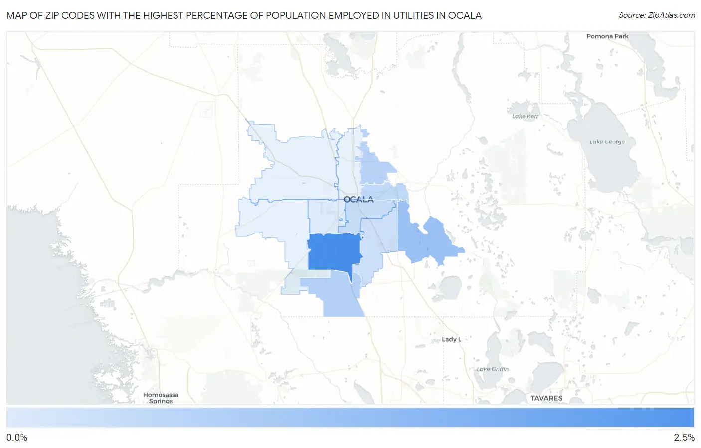 Zip Codes with the Highest Percentage of Population Employed in Utilities in Ocala Map