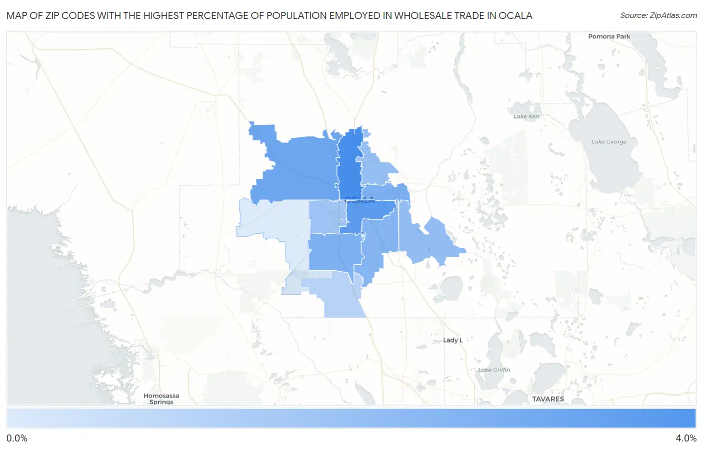 Zip Codes with the Highest Percentage of Population Employed in Wholesale Trade in Ocala Map