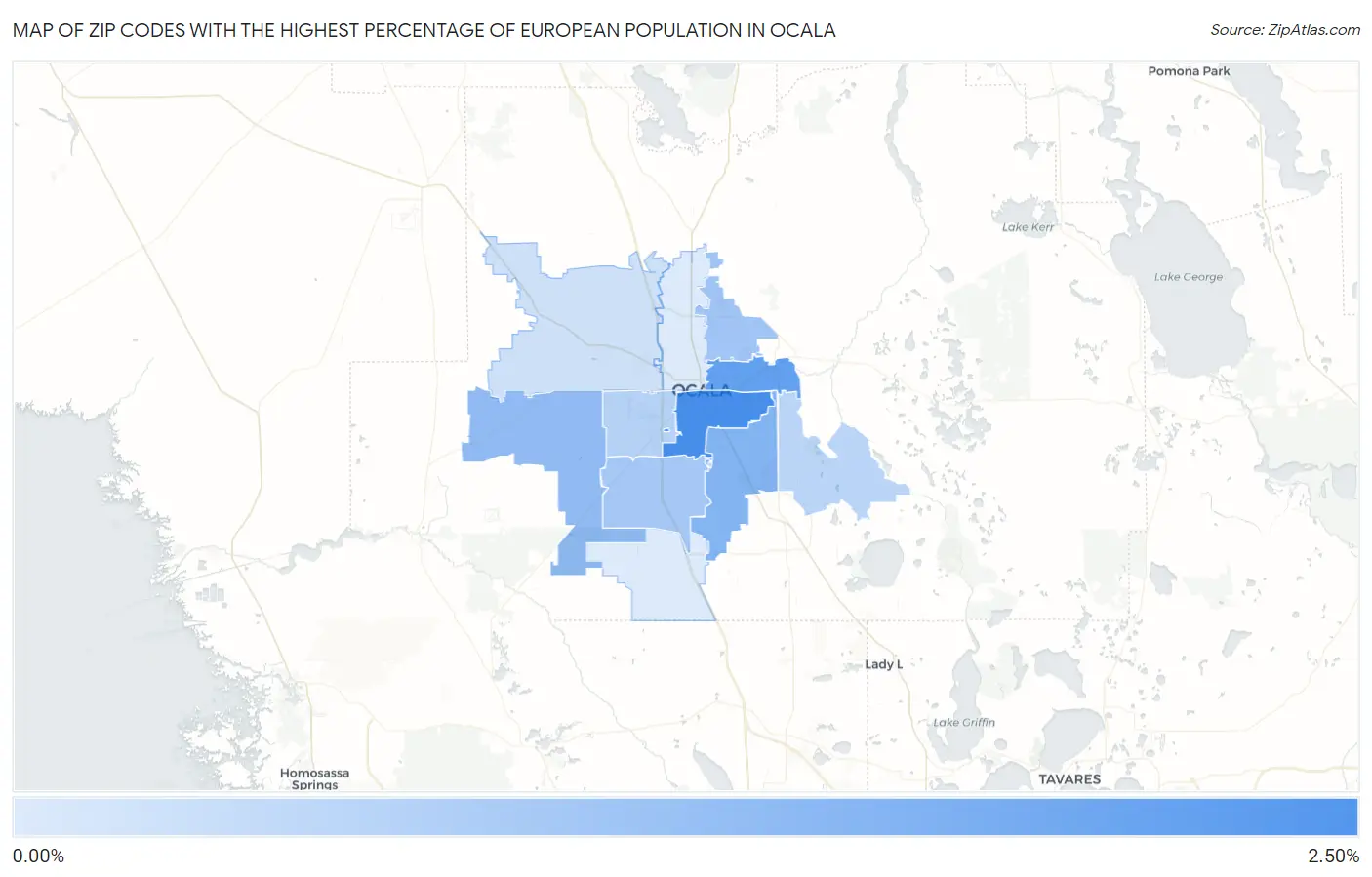Zip Codes with the Highest Percentage of European Population in Ocala Map