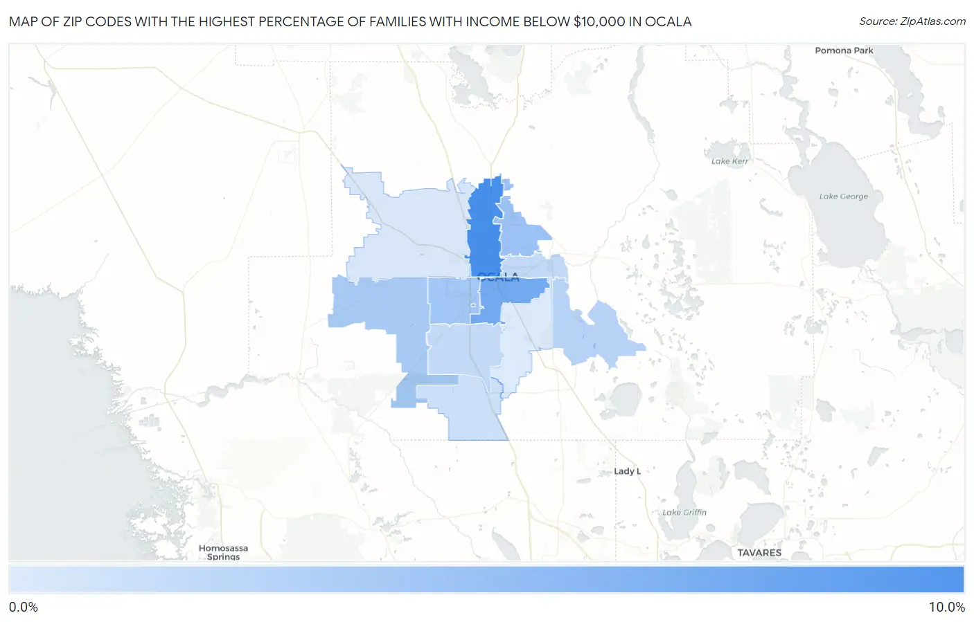 Zip Codes with the Highest Percentage of Families with Income Below $10,000 in Ocala Map