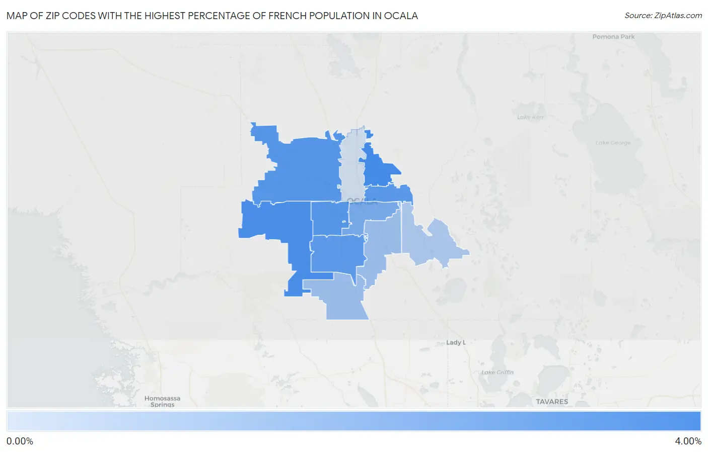 Zip Codes with the Highest Percentage of French Population in Ocala Map