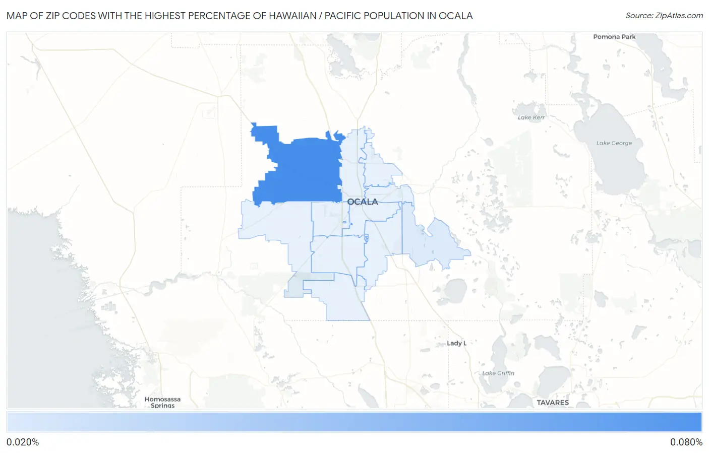 Zip Codes with the Highest Percentage of Hawaiian / Pacific Population in Ocala Map