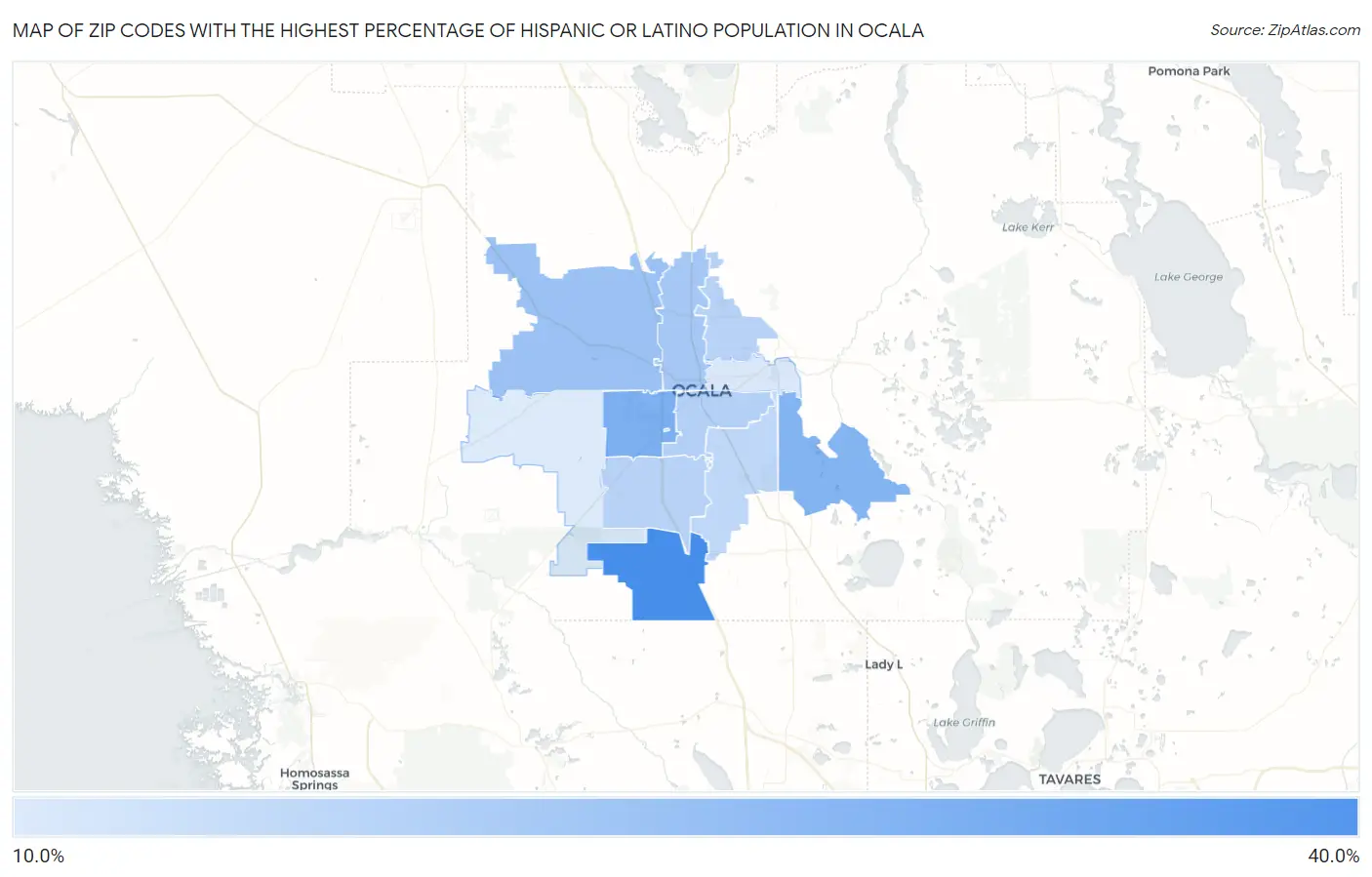 Zip Codes with the Highest Percentage of Hispanic or Latino Population in Ocala Map
