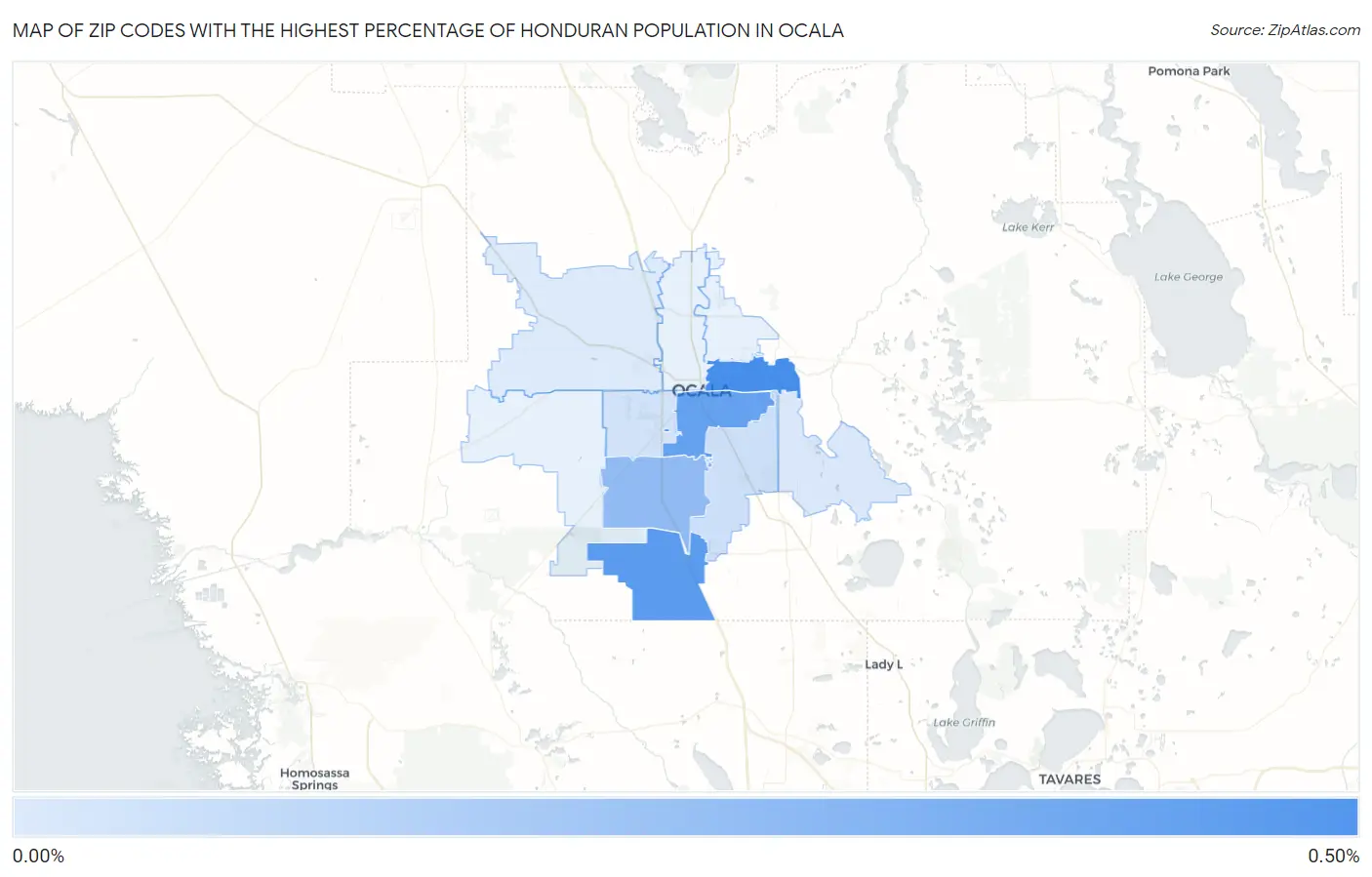 Zip Codes with the Highest Percentage of Honduran Population in Ocala Map