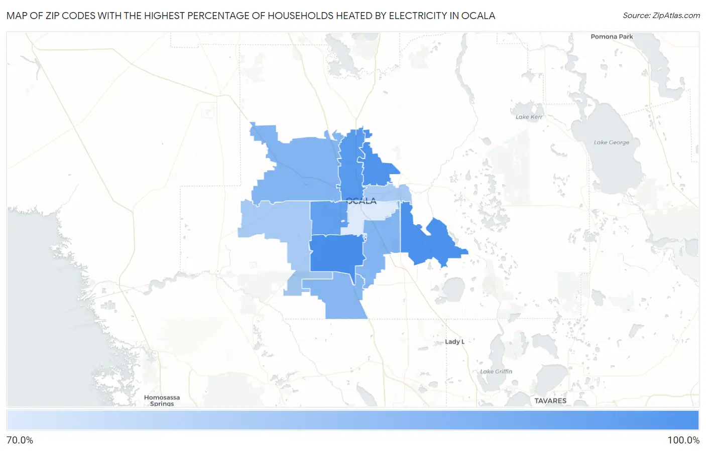 Zip Codes with the Highest Percentage of Households Heated by Electricity in Ocala Map