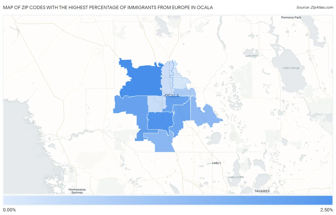 Zip Codes with the Highest Percentage of Immigrants from Europe in Ocala Map