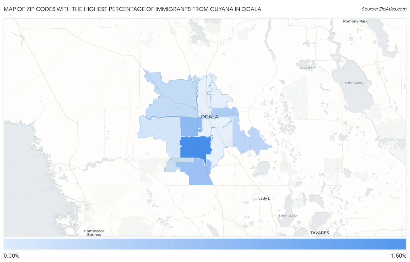Zip Codes with the Highest Percentage of Immigrants from Guyana in Ocala Map