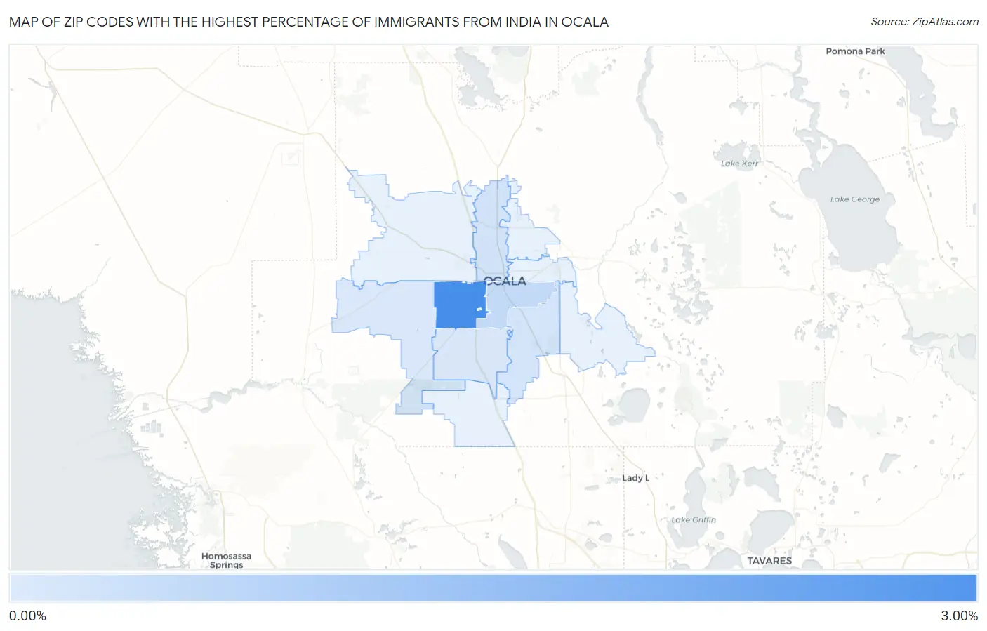 Zip Codes with the Highest Percentage of Immigrants from India in Ocala Map