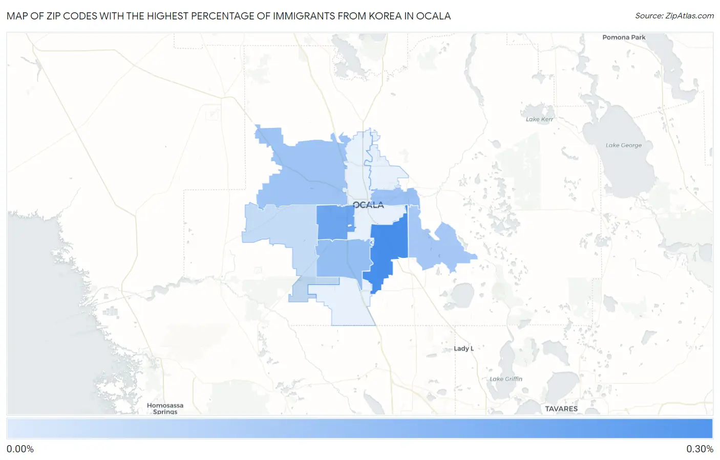 Zip Codes with the Highest Percentage of Immigrants from Korea in Ocala Map