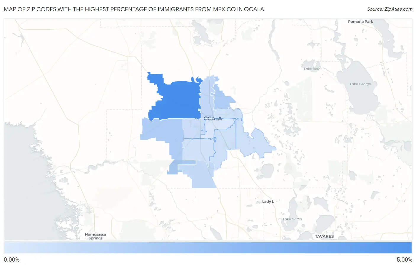 Zip Codes with the Highest Percentage of Immigrants from Mexico in Ocala Map