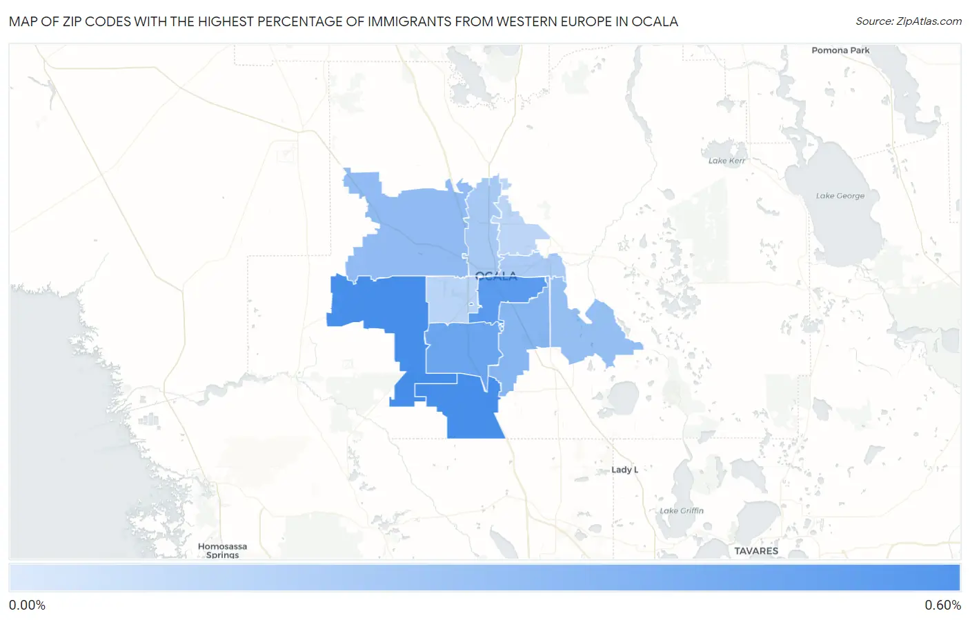 Zip Codes with the Highest Percentage of Immigrants from Western Europe in Ocala Map