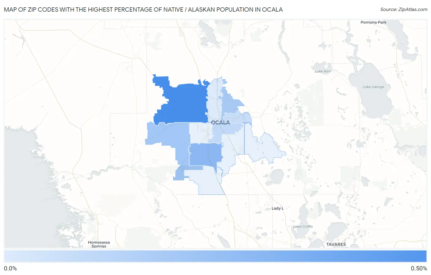 Zip Codes with the Highest Percentage of Native / Alaskan Population in Ocala Map