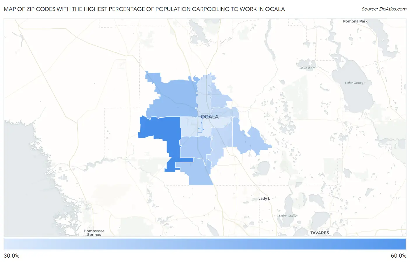 Zip Codes with the Highest Percentage of Population Carpooling to Work in Ocala Map