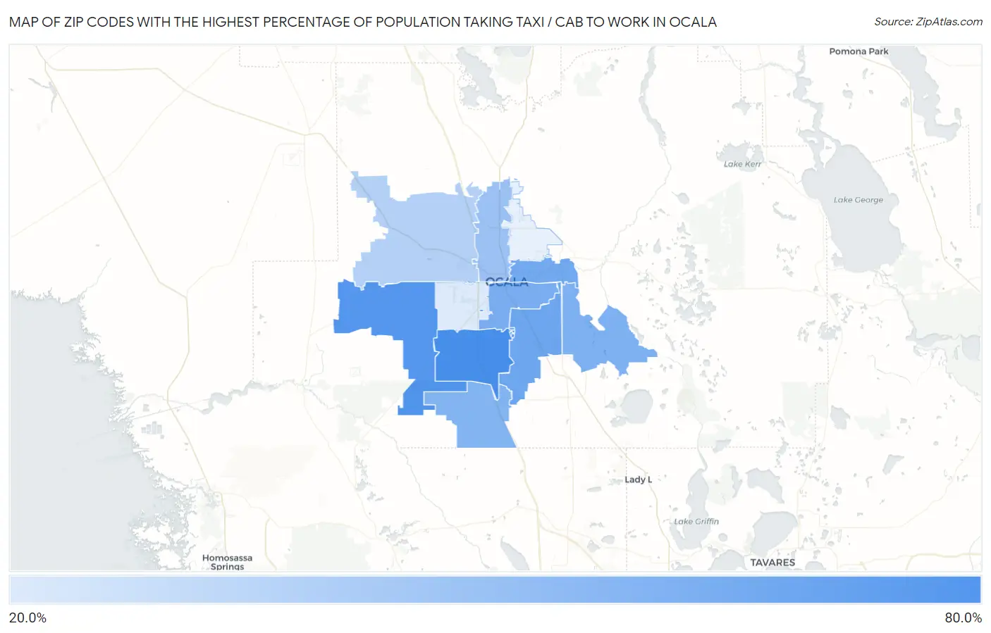 Zip Codes with the Highest Percentage of Population Taking Taxi / Cab to Work in Ocala Map