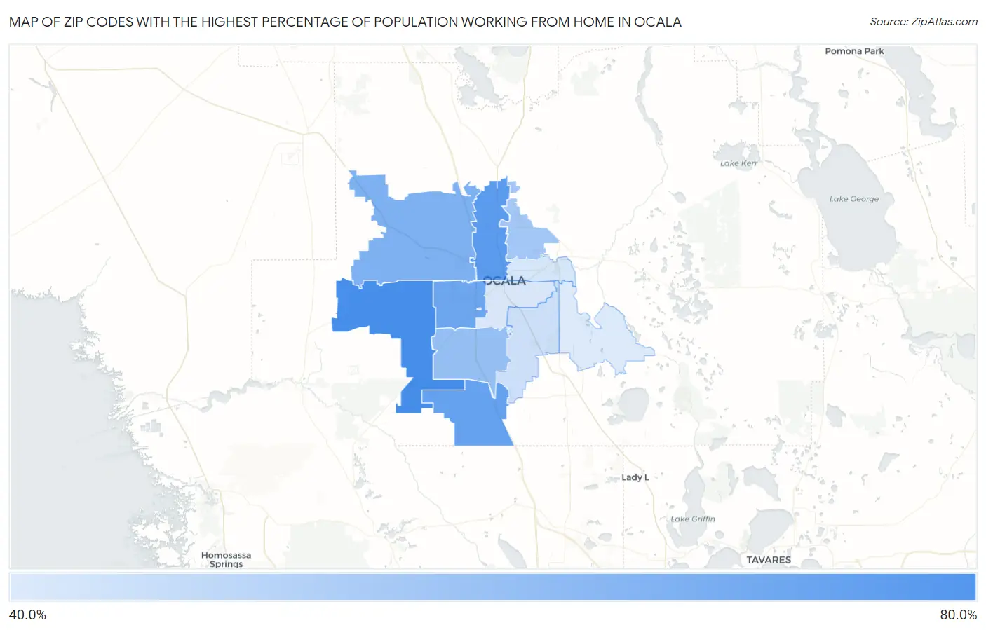 Zip Codes with the Highest Percentage of Population Working from Home in Ocala Map